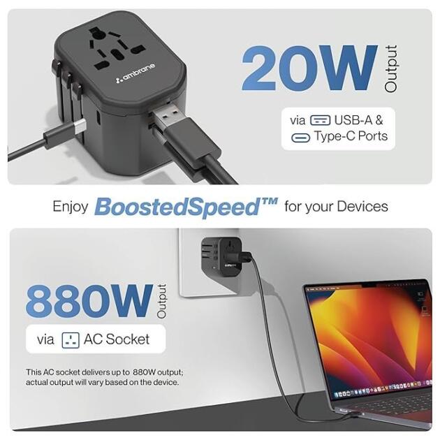 Ambrane Universal Travel Adapter, 4 in 1 Fast Charging; 1 Type C (20W), 2 USB (20W) & 1 AC Socket (880W) with 3 Removable pins for EU, UK and USA/AUS and Other Countries for Modern Travel (ATA-01)