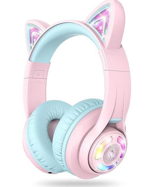 iClever BTH13 Bluetooth Kids Headphones with Mic, Over Ear Headphone Wireless Cat Ear Headphones for Girls Birthday Gift Safe Volume Limited, 45H Playtime Portable Headset for Tablet/PC, Pink